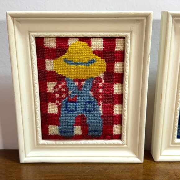 Columbia Minerva Designer Needlepoint Calico Bill and Holly Framed Set 5.5 x 6.5 - Picture 2 of 10